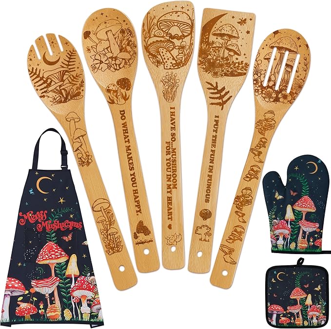 Mushroom Kitchen Decor Bamboo Cooking Spoon with Apron Oven Mitt Pot Holder Utensil Set -Mushroom Kitchen Accessories,Home Decorations Gifts for Women-Housewarming,Easter,Birthday Gift,8PCS