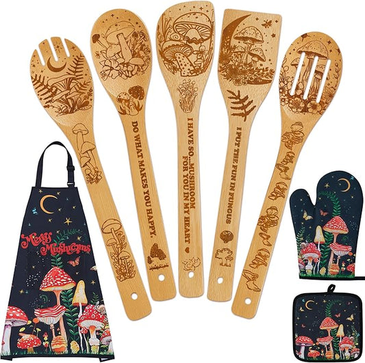 Mushroom Kitchen Decor Bamboo Cooking Spoon with Apron Oven Mitt Pot Holder Utensil Set -Mushroom Kitchen Accessories,Home Decorations Gifts for Women-Housewarming,Easter,Birthday Gift,8PCS