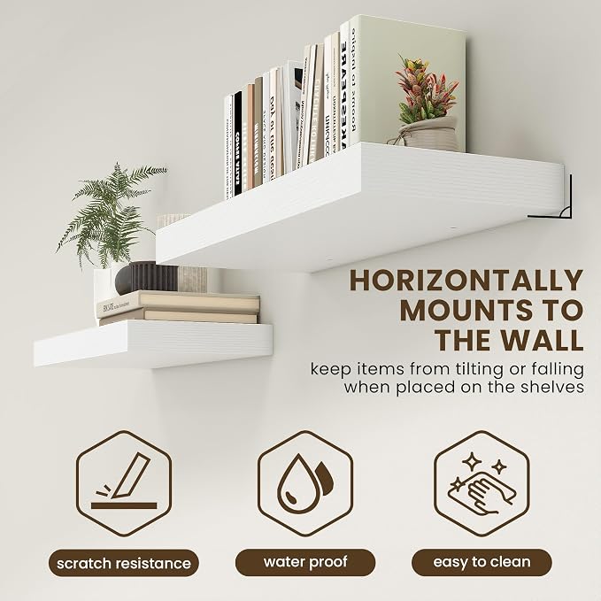 FLYJOE 32 Inch Floating Shelves, 12 Inch Deep Floating Shelves Set of 2, 32''W x 12''D White Wood Shelves for Wall, Bathroom Available, Engineered Wood, Mounting Hardware Included