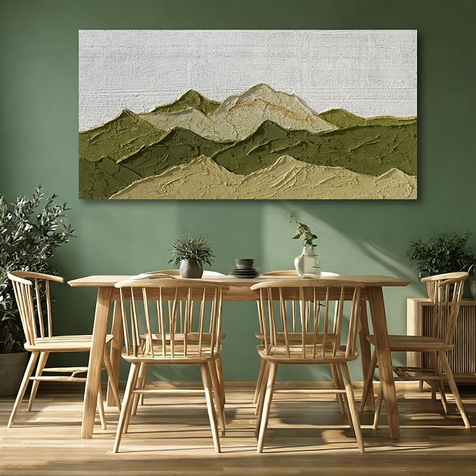 Dolidoteart Green Beige White Landscape Wall Art, Large Wall Art for Living Room, Hand Painted Mountain Oil Painting for Bedroom Office, Horizontal 29x58 Inch