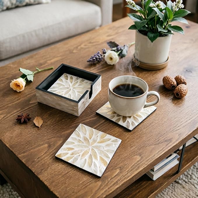 6 Pack Mother of Pearl Squre Coasters with Holder, Seashell Inlay Square Cup Holders with Organizer, Decorative Coasters Capiz Shell Trivet for Coffee Table, 5", I-lan (Gold Leaf)