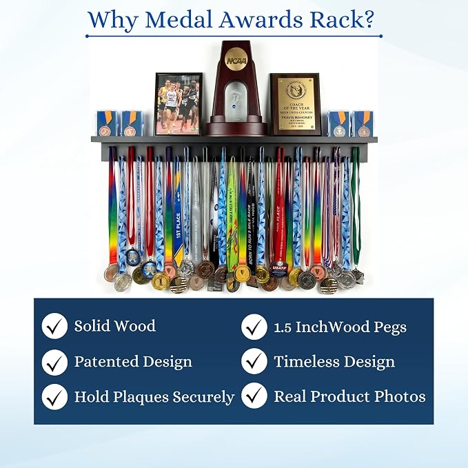 MedalAwardsRack 3ft- Ultimate Medal Hanger Display and Trophy Shelf - Multi-Sport Trophy and Medal Holder for Medal Display, Plaques, Pictures, Trophies and more. Solid Wood - Large 36" - Black