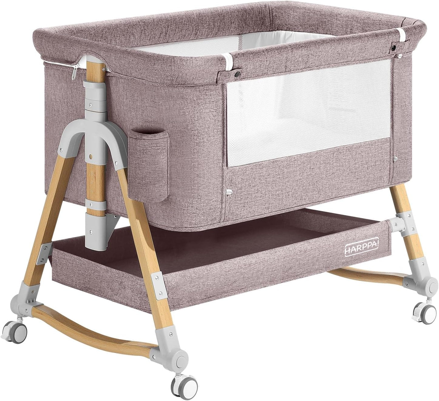 HARPPA Cuddly Bassinet, 3 in 1 Baby Bassinet Bedside Sleeper, Bedside Crib with Mattress and Wheels, Breathable Mesh, 5 Height Adjustable, Anchor Strap (Wood Grain, Khaki)
