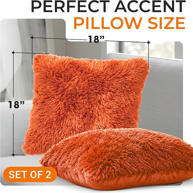 Cheer Collection Throw Pillows for Couch and Bed, Soft Shaggy Throw Pillows with Inserts Included, Cozy Long Hair Faux Fur Pillows - Set of 2-18" x 18" - Rust Orange