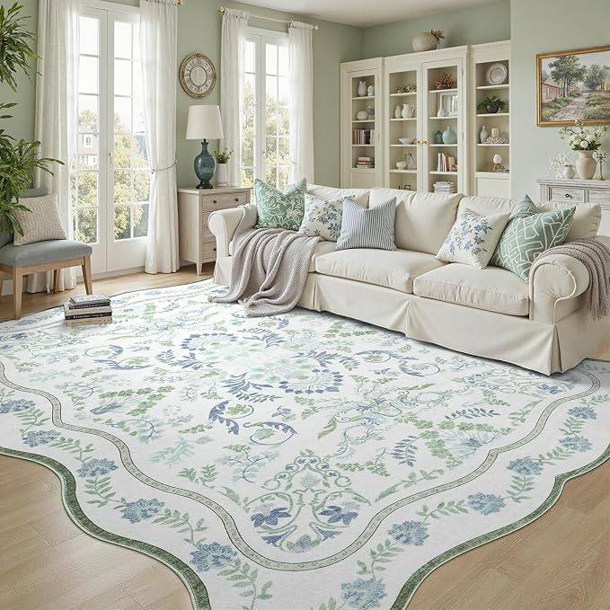 DCX Green and Blue 6x9 Rug, Kid & Pet Friendly with Rubber Back Non Slip, Washable Stain Resistant Botanical Scalloped Rug for Living Room, Bedroom, Soft Low Pile Large Nursery Carpet