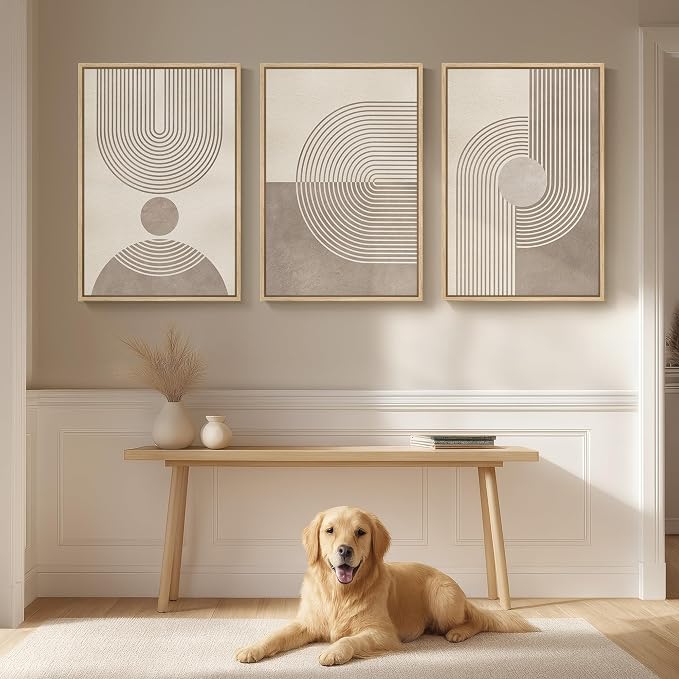 Large Framed Neutral Modern Wall Art for Living Room, 3 Piece Minimalist Boho Abstract Canvas Artwork for Walls, Mid Century Geometric Paintings Prints for Hallway Dining Room Wall Decor, 24x36 Inch