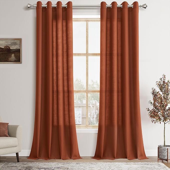 Terracotta Linen Curtains 96 Inch Length for Living Room Grommet Semi Sheer Light Reducing Curtain Drapes 2 Panel Set Airy Lightweight Privacy Textured Window Treatments Panel for Bedroom 8Ft Tall