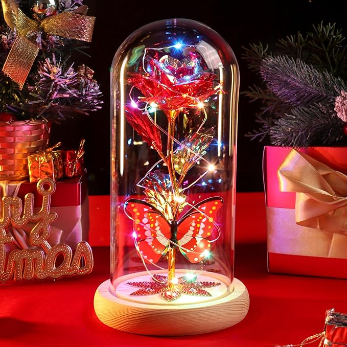 Beferr Birthday Gifts for Women Galaxy Glass Rose Forever Preserved Flowers for Delivery Light Up Rose in Glass Dome Mothers Day Butterfly Gifts for Mom Wife Grandma Her Daughter Girlfriend