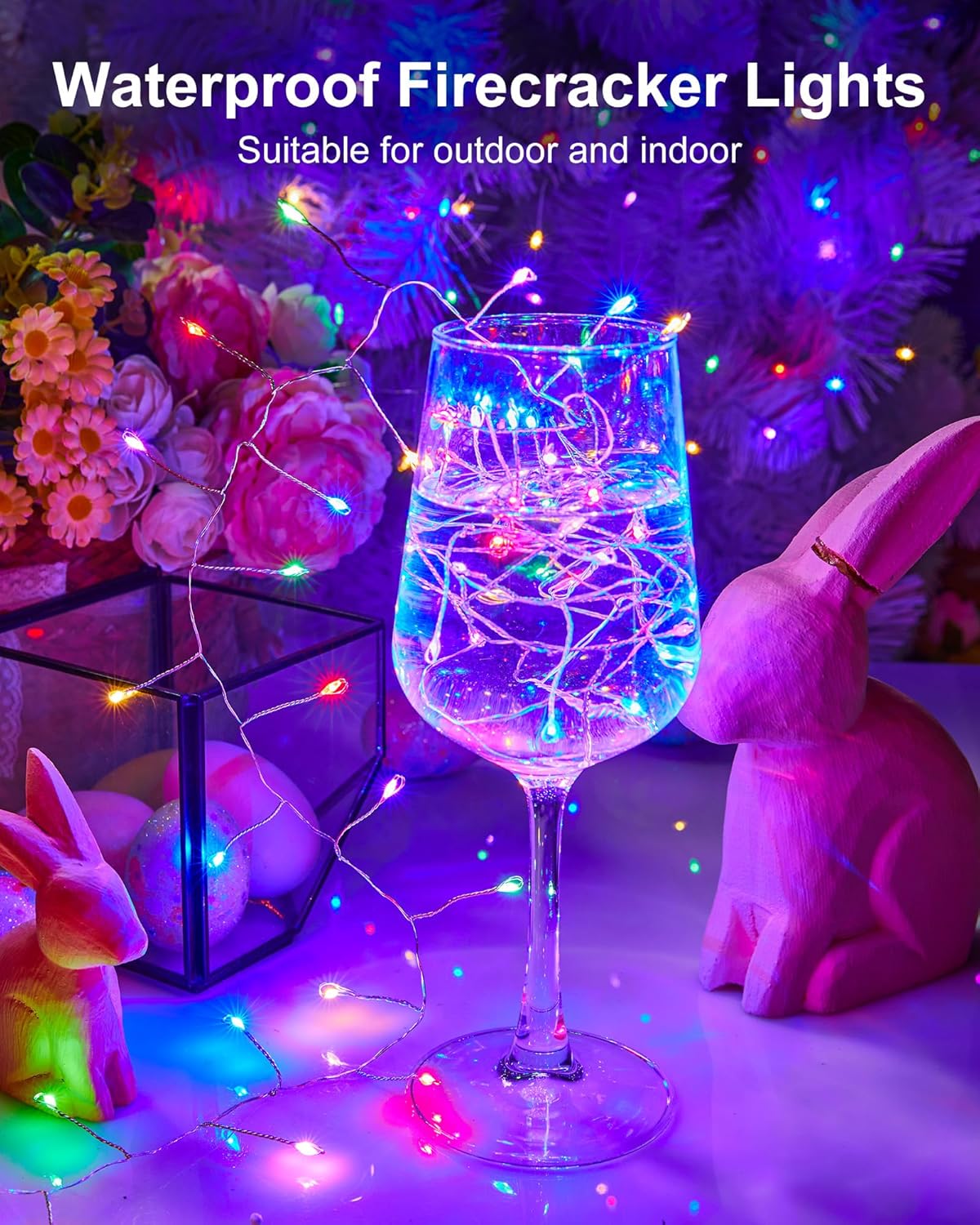 Fairy Lights Battery Operated, Twinkle String Lights Silver Wire 5 FT 60 LED Firecracker Starry Lights for DIY Wreath Home Wedding Bedroom Mason Jar Holiday Easter Decoration, Pink + Multicolor