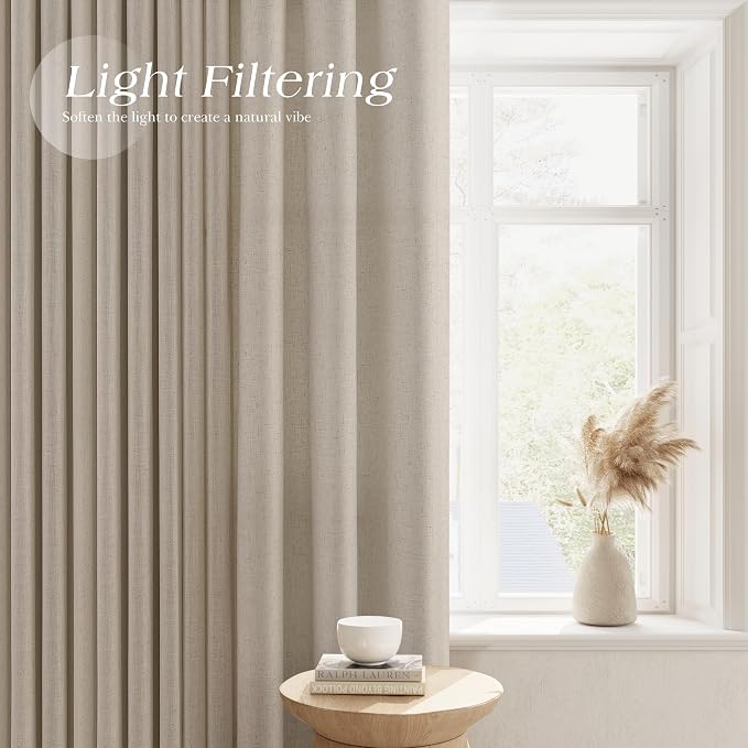 Cobblestone Linen Curtains 96 Inches Long for Living Room Light Filtering Semi Sheer Curtain Grommet Modern Farmhouse Sheer Decor Elegant Luxury Coastal Drapes for Bedroom Dinner Room 52x96, 2 Panels