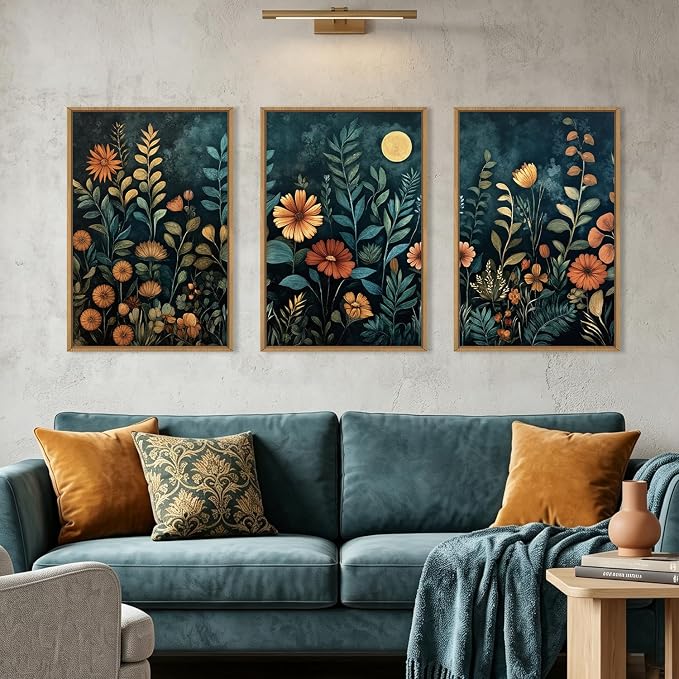 Vintage Dark Botanical Framed Canvas Wall Art Set,Colorful Floral Wall Decor,Moody Blue Wildflower Wall Painting,Nature Blossom Flower Art Prints for Living Room,Bedroom,Office-16"X24"x3