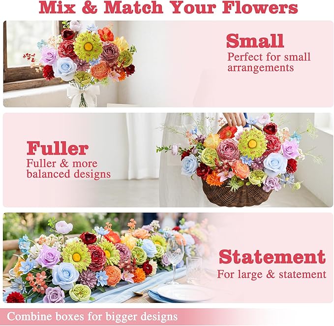 Artificial Flowers Combo Box, 38PCS Fake Flowers, Silk Flower Mix with Wire Stem, DIY Wedding Bridal Bouquet for Arrangement, Shower Party Home Décor, Multi Color