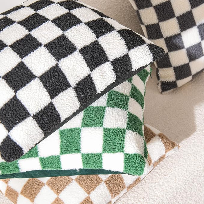 WACOMECO Decorative Throw Pillow Covers - Soft Sherpa Checkerboard Cushion Covers Faux Fur Pillow Cases for Sofa Bedroom Livingroom Car, 20 x 20 in, Dark Green and Off White