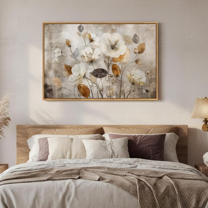 Framed Vintage Neutral Floral Wall Art for Living Room, Brown Botanical Flower Aesthetic Canvas Artwork for Walls, Farmhouse Rustic Painting Print for Bedroom Dining Room Hallway Wall Decor, 36X24 In