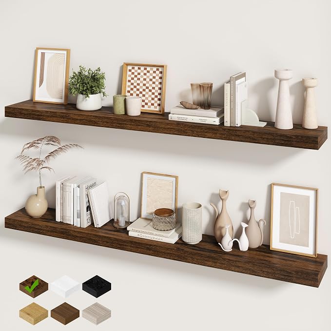 Fun Memories 60 Inch Fireplace Mantel - Long Floating Shelf, Wall Mounted Farmhouse Display with Invisible Heavy Duty Metal Bracket, Brown, 2 Pack