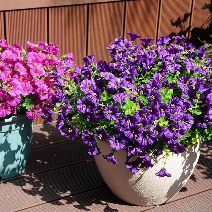Artificial Flowers for Outdoors, UV Resistant Fake Silk Morning Glory, Realistic Faux Plants for Outside Porch Patio Window Box Hanging Planter (12, Purple)