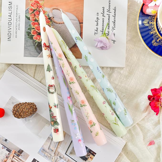 Sungmor Pretty Floral Taper Candlesticks, Beautiful 5-Color Decal Craft, 10" Long Decorative Candle, Scented & Colored Tall Candlestick, Long Burning & Smokeless Tapered Holiday Party Celebrate Candle