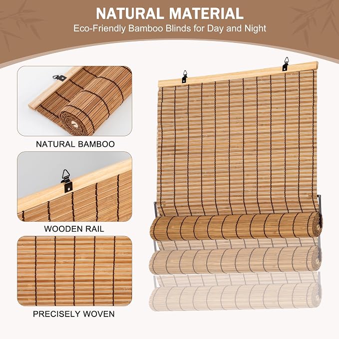 ALIMOO Cordless Bamboo Window Blinds Roll Up Roman Shades Light Filtering Cordless Bamboo Blinds for Indoor Home Patio Porch 72" W x 72" L