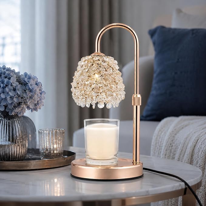 Candle Warmer Lamp with Timer & Dimmer, Adjustable Height Candle Lamp, Hand-Embedded Glass Crystal Lampshade, Valentine’s Day Gifts for Women/Mom, Wax Warmer for Home Decor (Rose Gold)