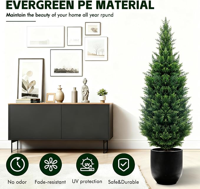4Ft Artificial Cedar Topiary Trees (2-Pack) - UV Resistant Fake Shrubs with Ground Spike for Outdoor & Indoor Use, Front Porch, Garden Decor