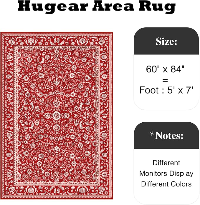 HUGEAR Vintage 5x7 Machine Washable Rugs Red Hallway Area Rug Indoor Accent Rug Floral Low Pile Carpet Soft Throw Aesthetic Rug Bedroom Living Room Office Dining Room Kitchen Laundry Room Non Slip