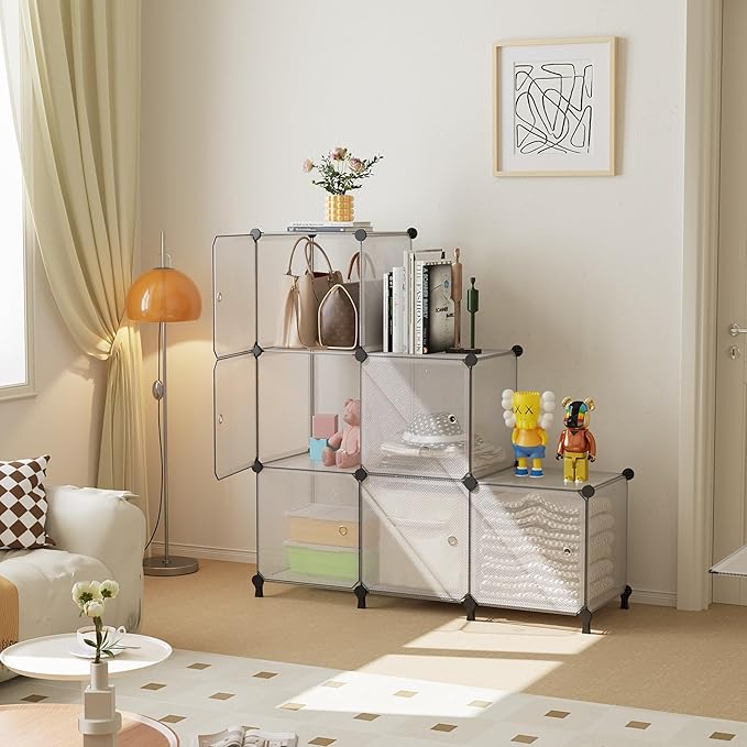 Cube Storage Organizer, 6-Cube Shelves Unit with Doors, DIY Stackable Plastic Clothes Organizer for Bedroom and Under Stairs Storage Unit, Each Compartment 30 x 30 x 30 cm Striped White