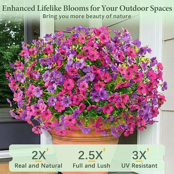 Yastouay 12 Bundles Artificial Flowers for Outdoors, UV Resistant Artificial Outdoor Flowers No Fade Fake Outdoor Flowers Plants for Garden Porch Window Box Pot Planters Decor (Fuchsia+Rose Red)
