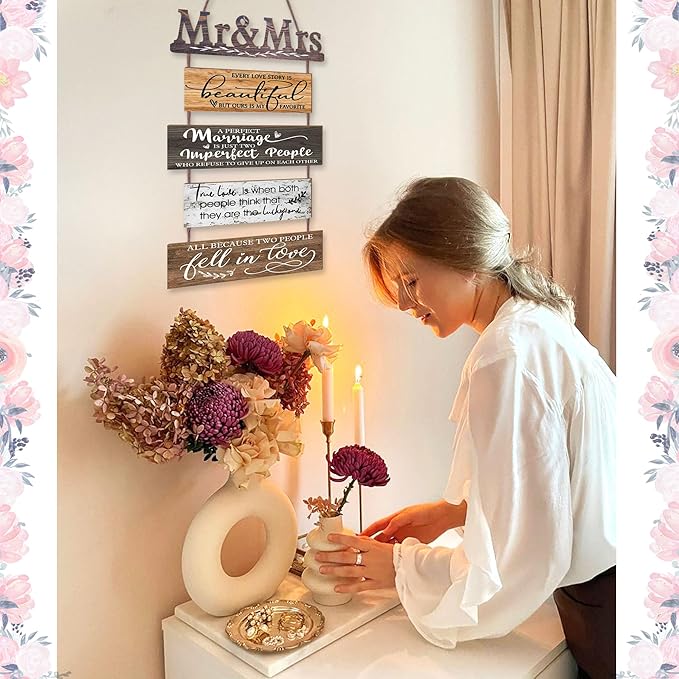 Mr & Mrs Rustic Wall Collage Sign with 5pcs Panels Strung Together - Marriage Wedding Engaged Anniversary Shower Farmhouse Distressed Wall Decor - Sweet Warming Gifts for Wife Husband Couples