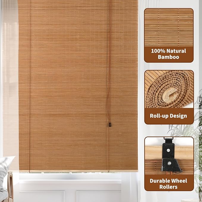 Outdoor Bamboo Roller Blinds Shades, Vertical Lifting and Breathable Waterproof Design, Sun Shade, Blackout and Ventilation, Easy Installation,35" W×72" H