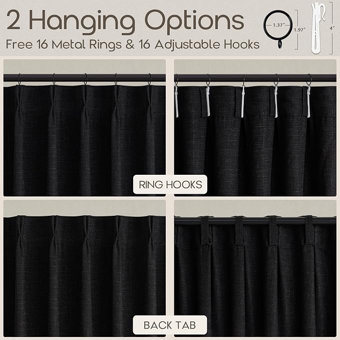 Pinch Pleated Linen Black Curtains 84 Inches 2 Panels Modern Vintage Light Filtering Privacy Textured Pinch Pleat Curtains with Hooks Rings for Living Room Bedroom Memory Trained Burlap Drapes 40x84