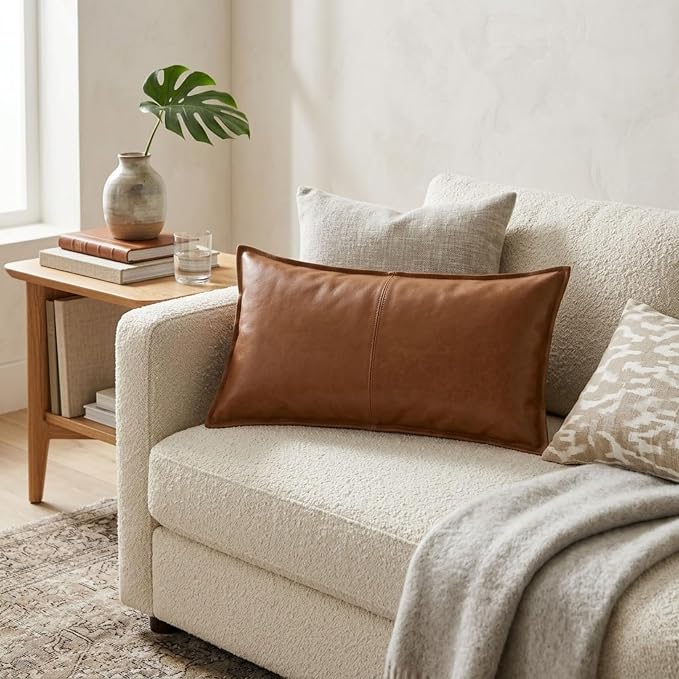 Genuine Leather Pillow Cover Case for Lumbar Throw Couch Pillows - Modern Farmhouse Decorative Sofa Thick & Soft Cushion Covers (Tan, 16" x 24")