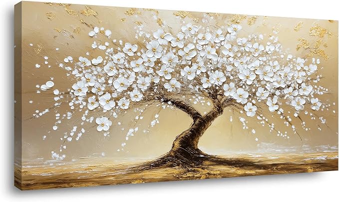 Ggaafet White FLower Tree Wall Art for Living Room Canvas Oil Painting Prints Beautiful Gold Floral Blooming Art Deco Modern Artwork Office Bedroom Family Dining Room Decor Large