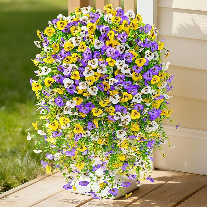 Serwalin Artificial Fake Hanging Flowers for Outdoors Planters,12PCS UV Resistant Faux Pansy Spring Flowers for Outside Porch Patio Garden Window Box (Yellow Purple White)