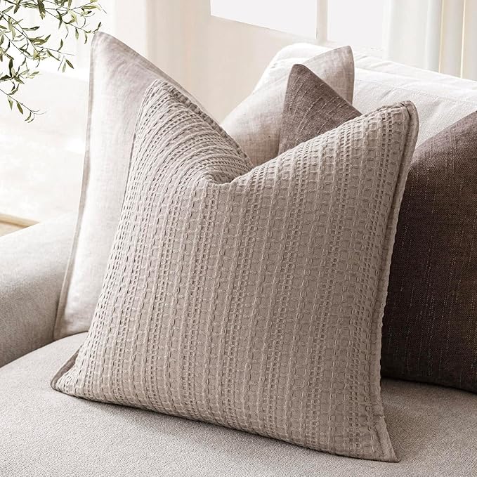 Foindtower Set of 2 Decorative Cotton Waffle Weave Throw Pillow Covers Euro Shams Cushion Covers Accent European Pillowcase for Bed Couch Sofa Bedroom Living Room Home Decor 24×24 Inch Tan Beige