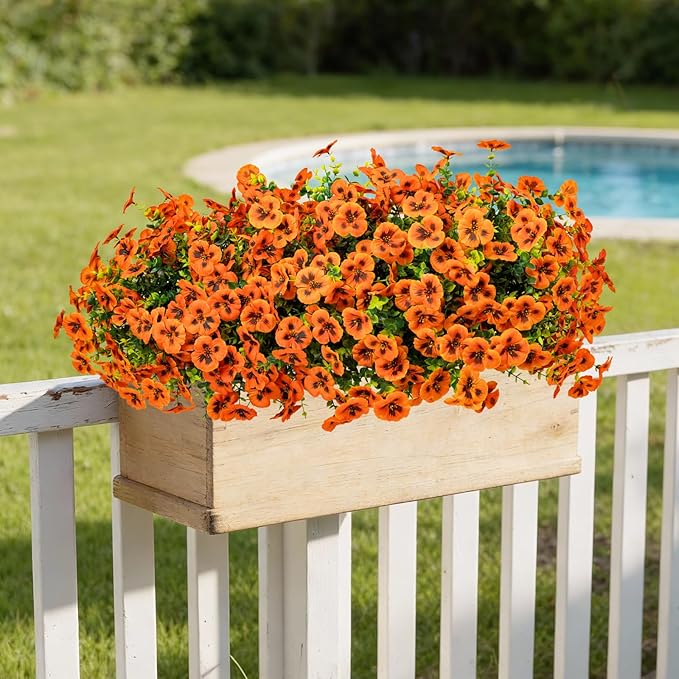 24 Pcs Artificial Fake Pansy Flowers for Outdoor,Faux Silk Plants Flowers UV Resistant Pansies Spring Flowers for Planter Front Door Porch Yard Patio Garden Window Box Home Decor(Orange)