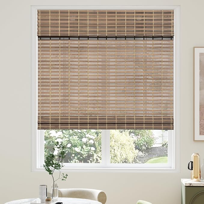 AGESISI Bamboo Roman Shades with Valance Cover, Cordless Blinds for Indoor Windows, Light Filtering Woven Wood Shades for Home & Patio, Privacy Protection, 32" W x 64" H, Grey
