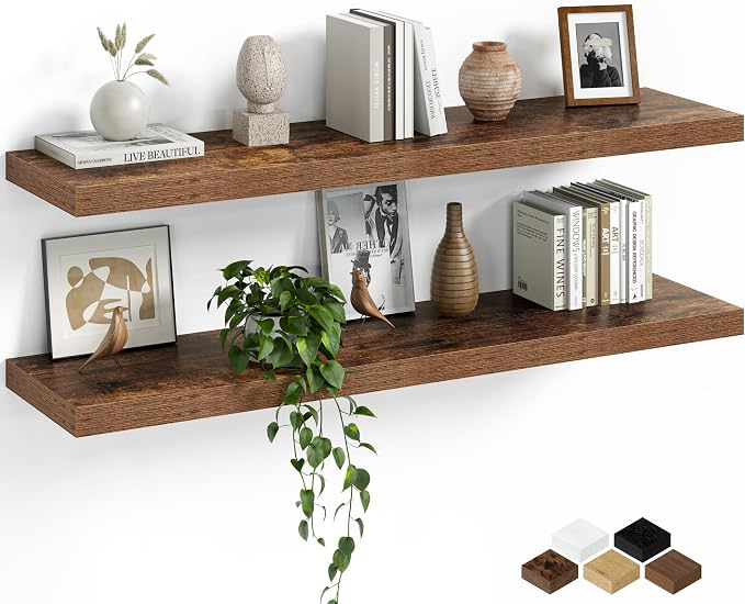 Fun Memories Floating Shelves for Wall, 40 Inch Long Set of 2 Rustic Wood Wall Shelves with Invisible Brackets, Heavy Duty Storage Display for Living Room Bedroom Kitchen, Brown