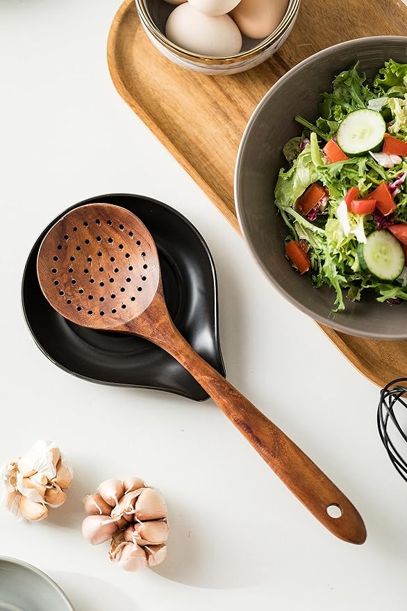 LAUCHUH Spoon Rest for Stove Top, 5 inch Large Cooking Spoon Holder for Kitchen Countertop Ceramic Ladle Holder for Spatula, Tong, Heat-Resistant, Farmhouse Kitchen Decor for Mother‘s Day’, Black