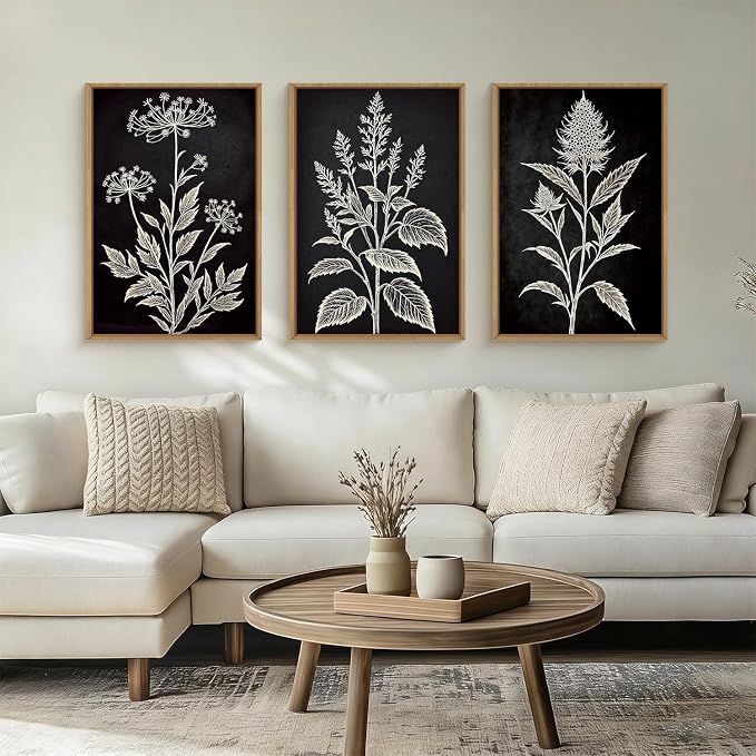 HPNIUB Black and White Sketch Floral Framed Canvas Wall Art Set,Vintage Minimalist Botanical Flower Wall Decor,Modern Moody Wildflower Leaf Artwork for Living Room, Bedroom,Office-16 x24 x3