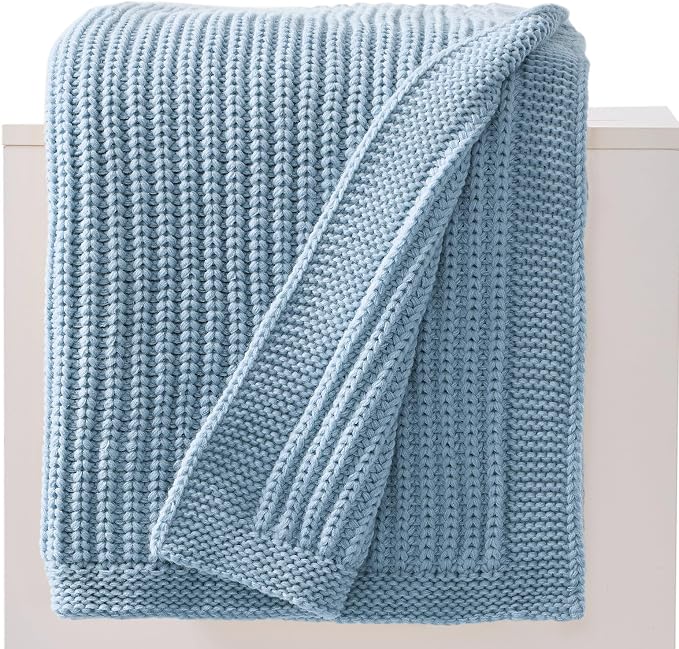 Chunky Knit Blue Throw Blanket for Couch Soft Cozy Thick Cable Knitted Throw Blankets for Sofa Bed Cute Decorative Throw Blanket for Living Room,50"x 60",Light Blue