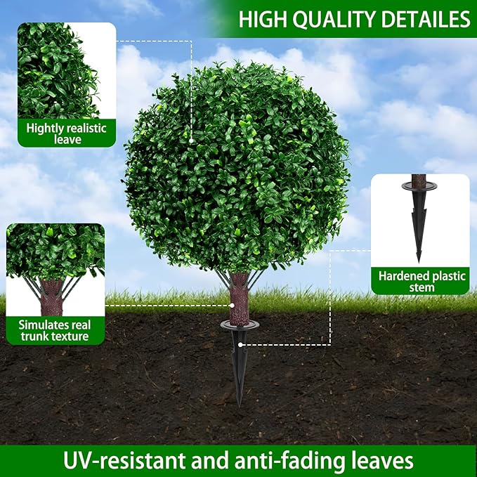 Yangrass Artificial Boxwood Topiary Ball Tree Set of 2, UV Resistant Artificial Outdoor Shrubs with Spike, Decorative Evergreen Fake Topiary Bushes Plant for Front Porch Garden