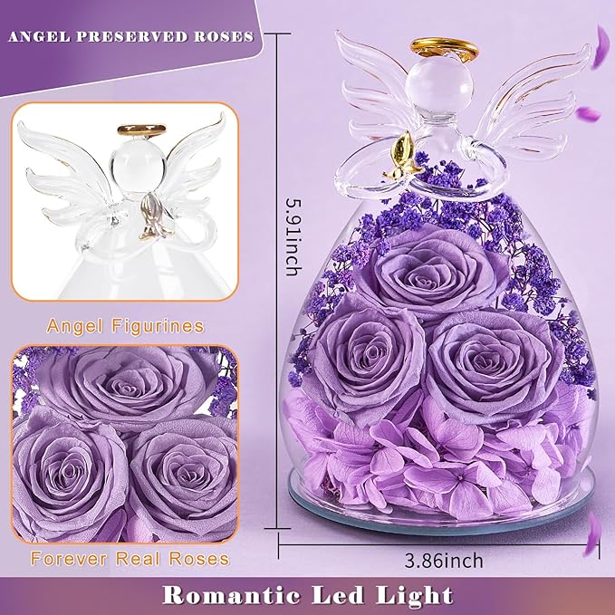 Beferr Mothers Day Mom Birthday Gifts for Women, Fresh Flowers for Delivery Forever Preserved Rose in Glass Angel Figurine, Anniversary Christian Real Rose for Grandma Nana Wife Mum from Daughter Son