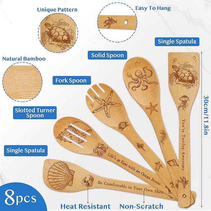 8 PCS Ocean Bamboo Kitchen Cooking Utensil Spoon Set with Apron Oven Mitt Potholder,Gift for Women Coastal Decor Beach Theme Kitchen Decorations,Sea Turtle Lovers,Housewarming,Birthday,Easter