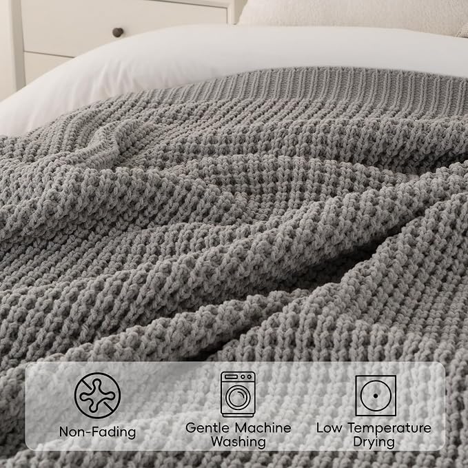 Bunnikins & Clover Light Grey Throw Blanket for Couch, Soft Knitted Chenille Throw Blanket for Sofa, Chair, Living Room, Cozy Gray Throw Blankets for Bed, 50"x60"