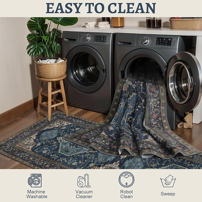 Tangsoo 3x5 Washable Rugs Oriental Area Rug, Vintage Non Slip Indoor Accent Rug, Print Carpet, Soft Low Pile Rug for Living Room Dining Bedroom Bedside Entryway Dark Blue Home Decor