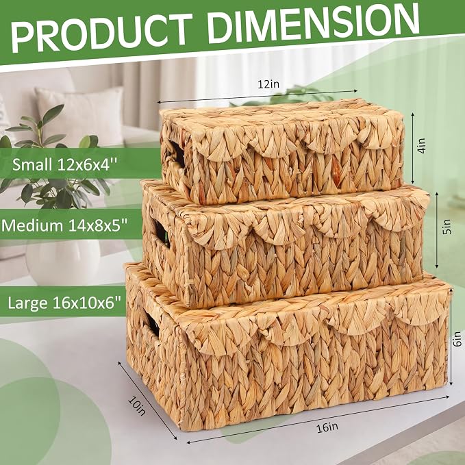 3 Pcs Large Wicker Storage Baskets with Lids 16" 14" 12" Scalloped Wicker Edge Basket Rattan Storage Rectangle Box Large Water Hyacinth Bins with Built in Handles for Living Room, Nursery