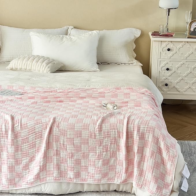 NIDITW Checkerboard Cotton Muslin Throw Blanket for Couch 6-Layer Checkered Gauze Blanket Soft Breathable All Season for Couch Bed Sofa (Pink, Throw)