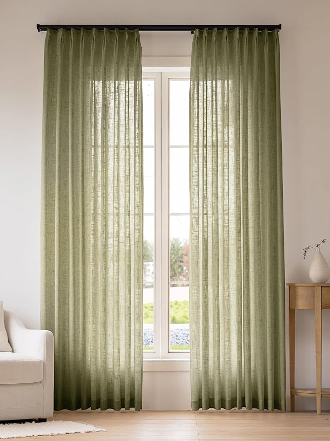 THREE GIRLS Pinch Pleated Linen Curtains 84 Inch Length 2 Panels, Light Filtering Linen Blend Drapes 40" W x 84" L, Olive Green Neutral Curtains for Living Room Bedroom with Hooks