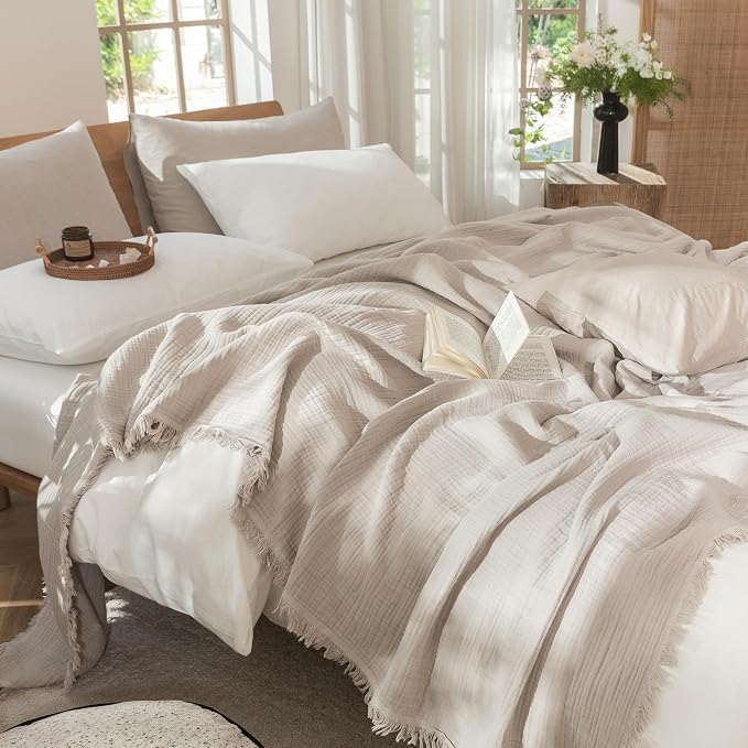 MooMee Muslin Blanket - 100% Cotton 4-Layer Gauze Throw Blanket with All-Around Fringe, Soft Breathable Lightweight Cooling Summer Blankets for Bed Couch (Cream Grey,Super King 108" x 98")