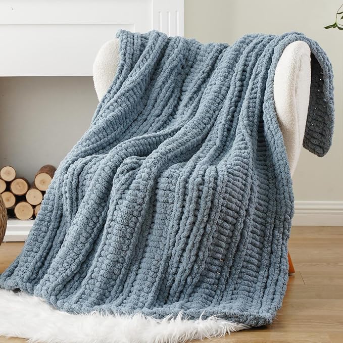 Battilo Chunky Knit Throw Blanket for Couch, 50"x60", Dusty Blue | Hand Knit, Cozy Warm Thick Soft Chenille Throw Blanket for Bed, Sofa, Living Room